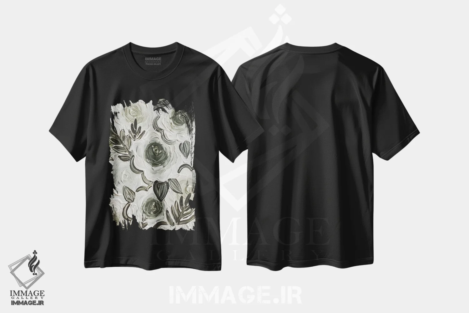 تیشرت مشکی طرح دار گل های سبز افسون شده، تزئینی اثر کیتی برایانت | immage.ir