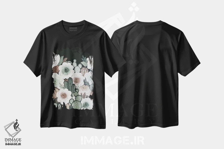 تیشرت مشکی طرح دار گل های کاکتوس ملایم، تزئینی اثر کیتی برایانت | فروشگاه ایماژ