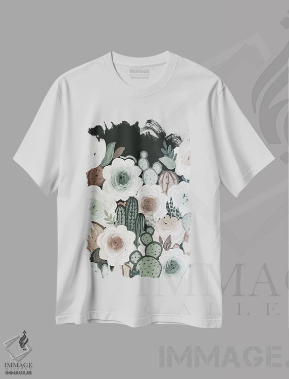 تیشرت سفید طرح دار گل های کاکتوس ملایم، تزئینی اثر کیتی برایانت | immage.ir