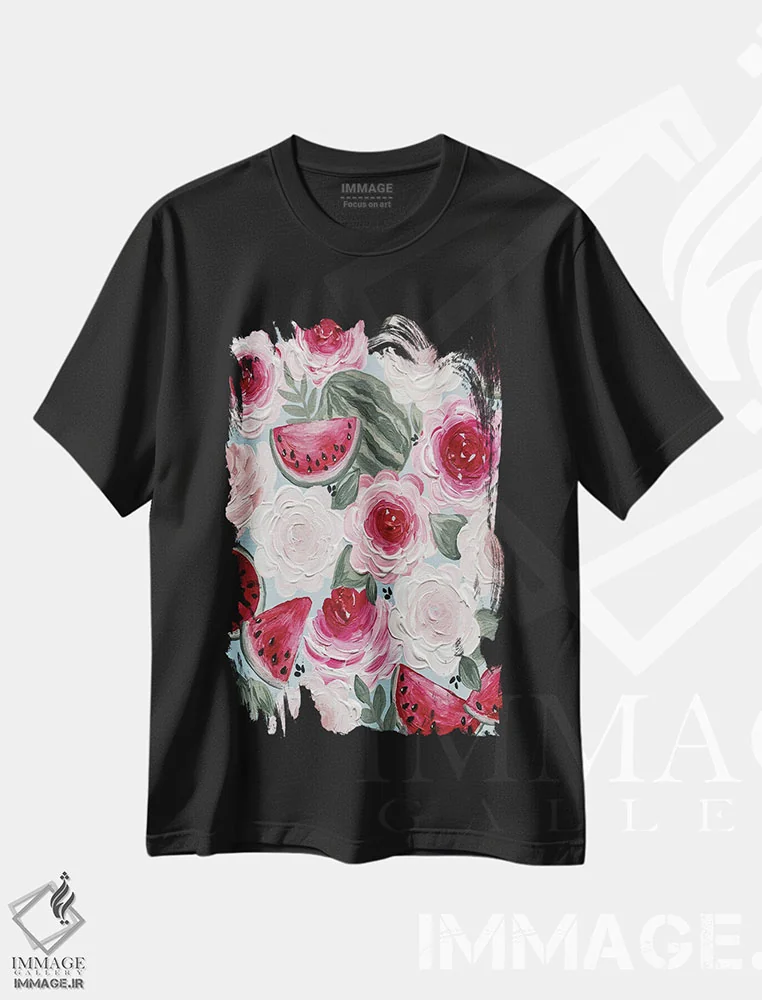 تیشرت مشکی طرح دار گل های هندوانه، تزئینی اثر کیتی برایانت | فروشگاه ایماژ