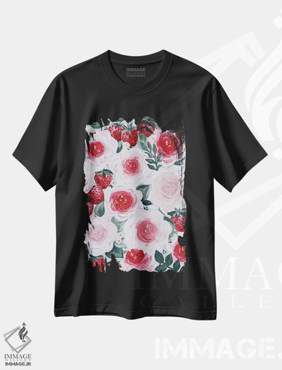 تیشرت مشکی طرح دار گل های توت فرنگی، تزئینی اثر کیتی برایانت | immage.ir