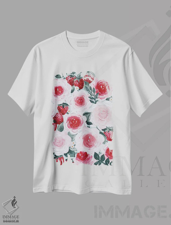 تیشرت سفید طرح دار گل های توت فرنگی، تزئینی اثر کیتی برایانت | فروشگاه ایماژ