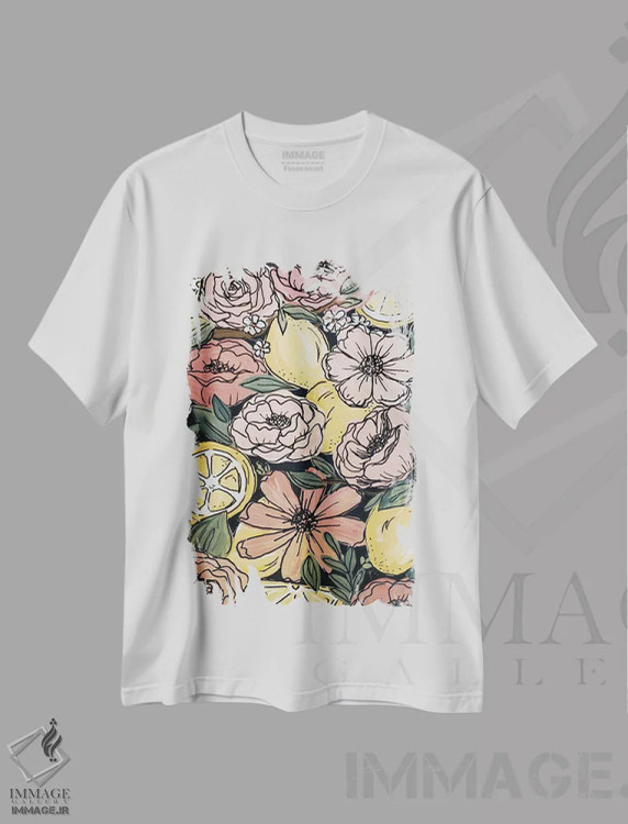 تیشرت سفید طرح دار گل های لیمو با خط مشکی، تزئینی اثر کیتی برایانت | immage.ir