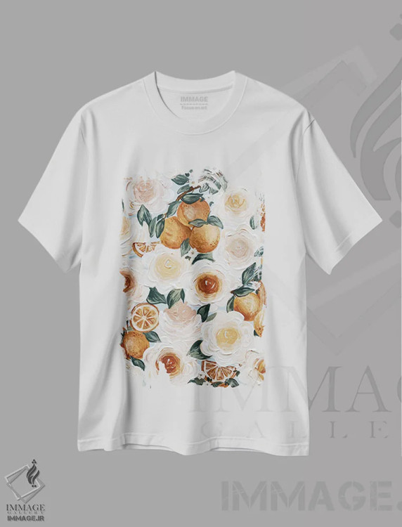 تیشرت سفید طرح دار پرتقال های گلدار، تزئینی اثر کیتی برایانت | فروشگاه ایماژ