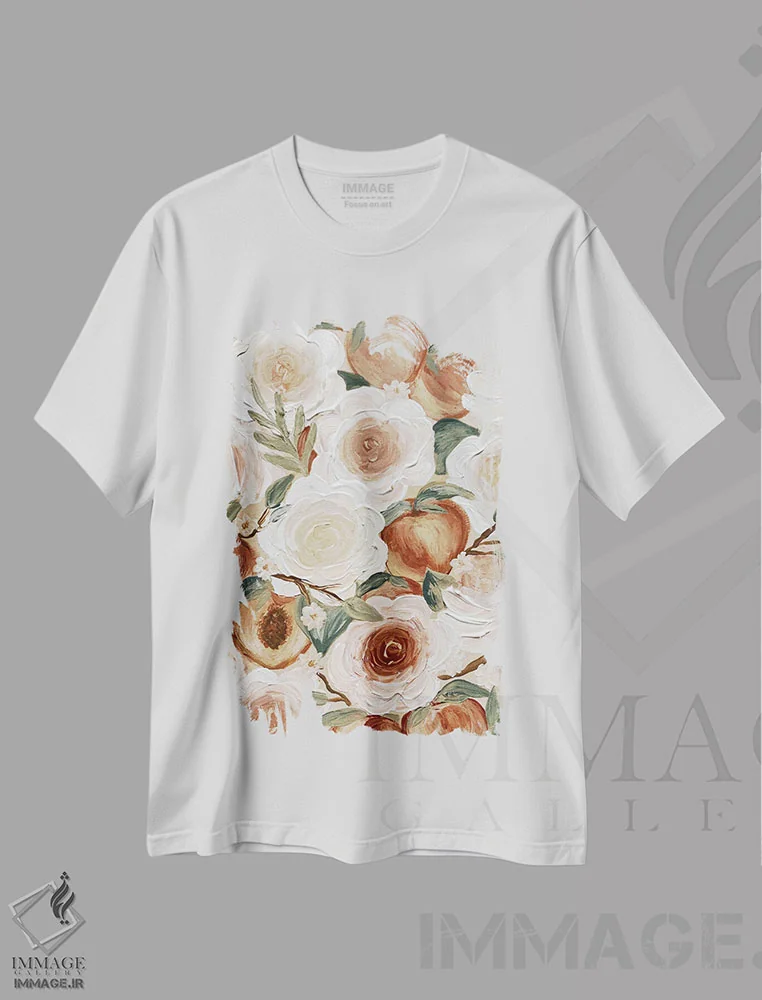تیشرت سفید طرح دار هلوهای گلدار، تزئینی اثر کیتی برایانت | فروشگاه ایماژ