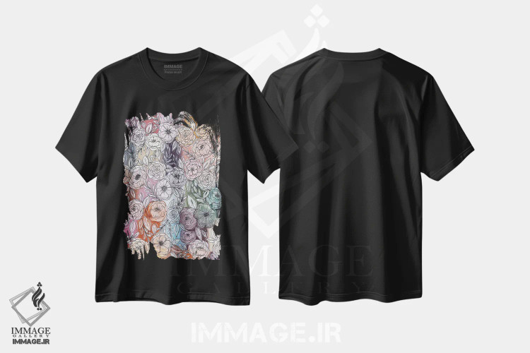 تیشرت مشکی طرح دار گل های رنگین کمان پاستلی، تزئینی اثر کیتی برایانت | فروشگاه ایماژ