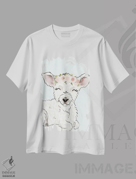 تیشرت سفید طرح دار بره کوچک با تاج گل، دکور معاصر اثر کیتی برایانت | فروشگاه ایماژ