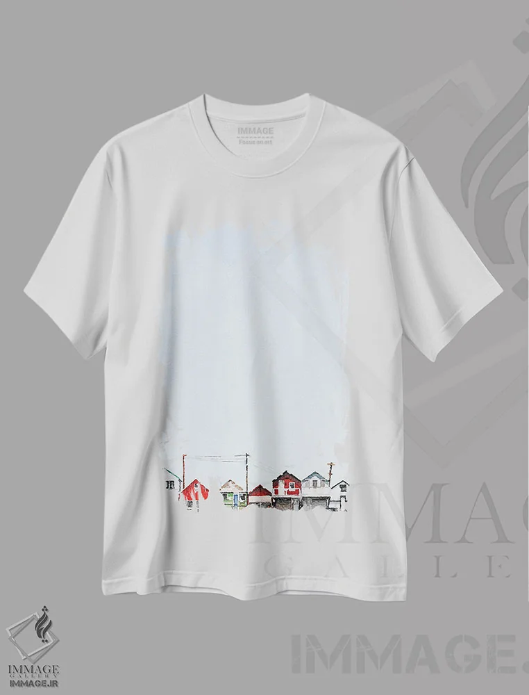 تیشرت سفید طرح دار پشت بام ها، هنر دیجیتال اثر کیم کورینگا | immage.ir