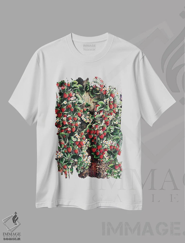 تیشرت سفید طرح دار سبد شیرین توت دار، هنر فاخر معاصر اثر کارین داون کلشال-بست | immage.ir