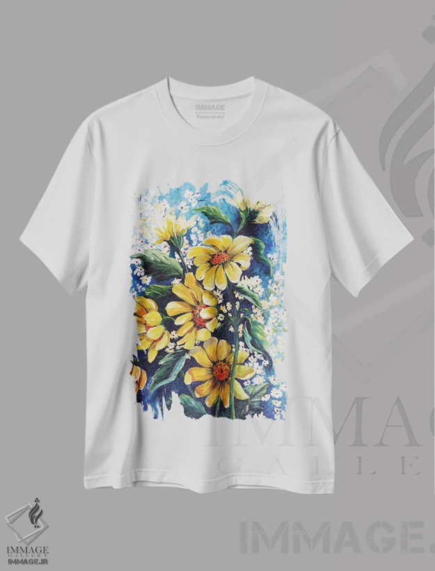 تیشرت سفید طرح دار نفس گل مینا، هنر فاخر معاصر اثر کارین داون کلشال-بست | فروشگاه ایماژ
