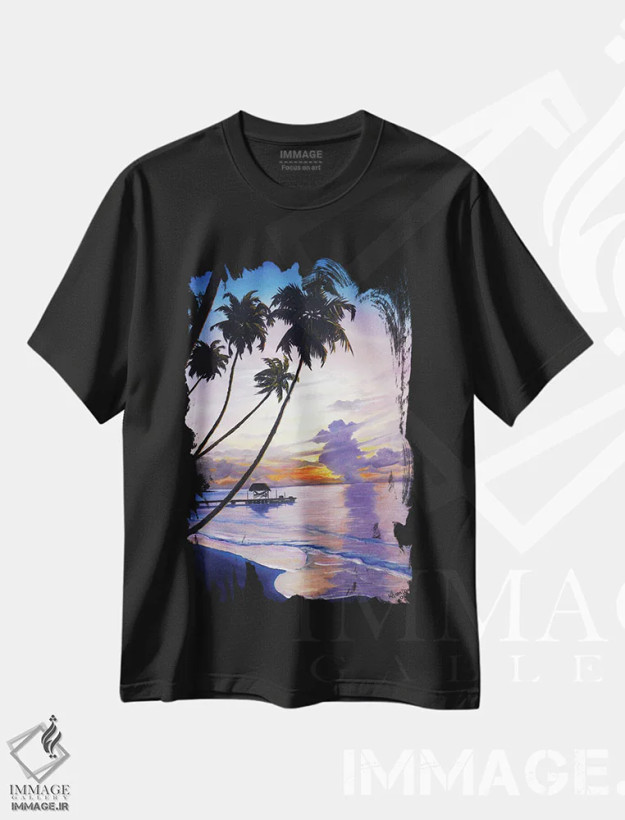 تیشرت مشکی طرح دار غروب در نقطۀ کبوتر، دکور ساحلی اثر کارین داون کلشال-بست | فروشگاه ایماژ
