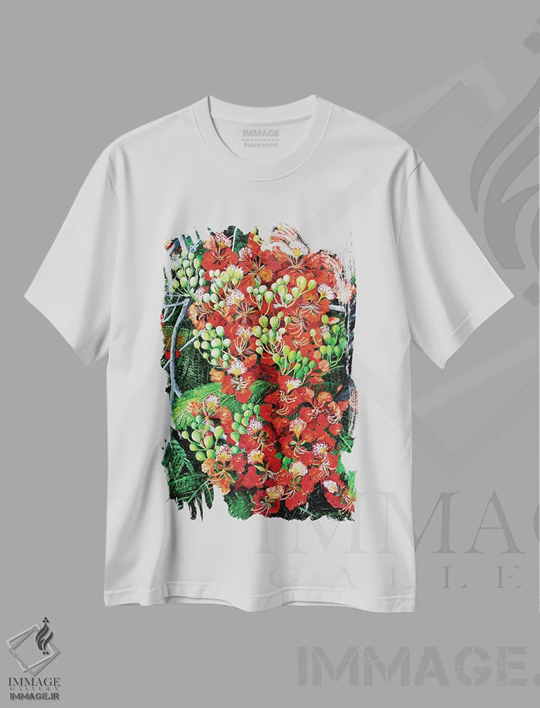 تیشرت سفید طرح دار فلومبویانت، هنر فاخر معاصر اثر کارین داون کلشال-بست | فروشگاه ایماژ
