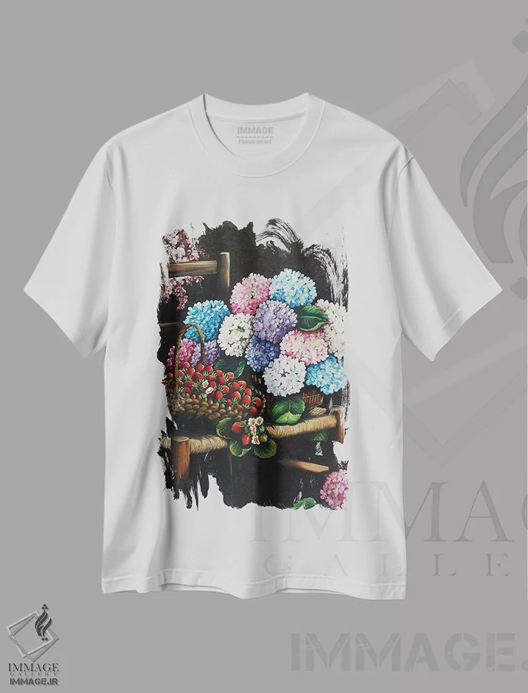تیشرت سفید طرح دار از باغ من، هنر فاخر معاصر اثر کارین داون کلشال-بست | immage.ir