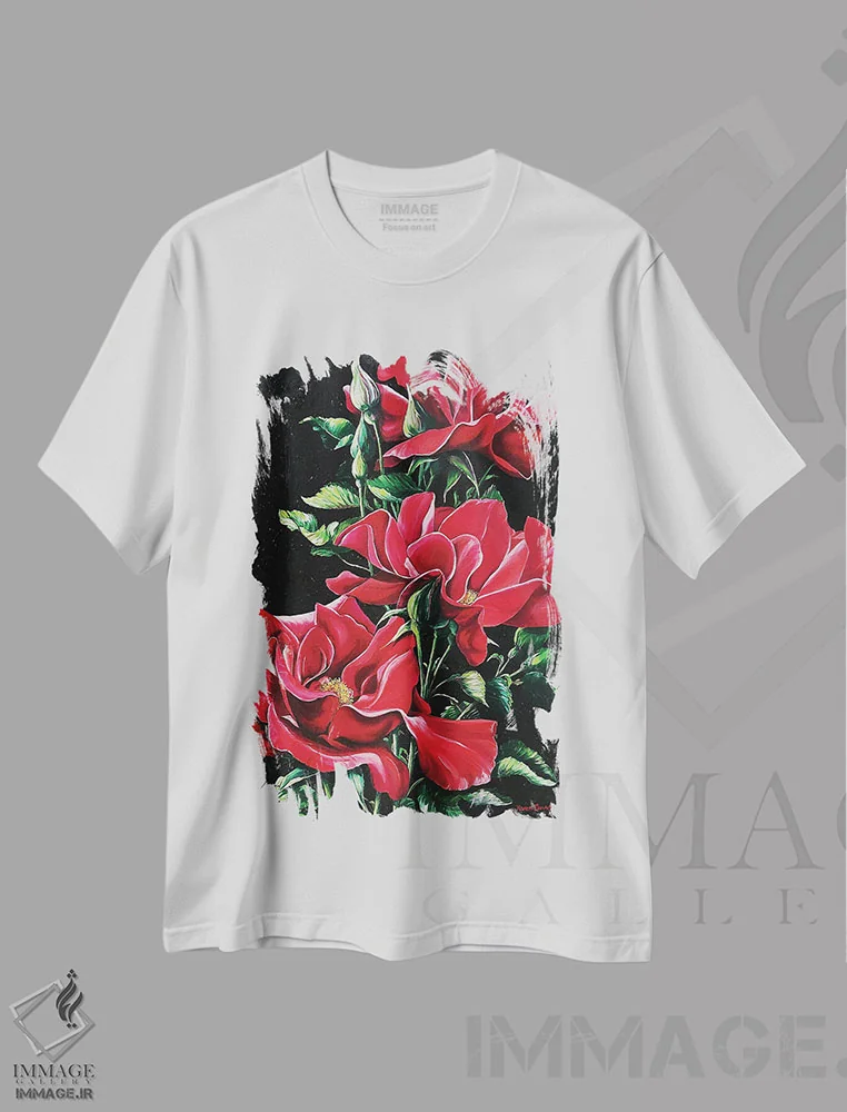 تیشرت سفید طرح دار سرخ پرشور، هنر فاخر معاصر اثر کارین داون کلشال-بست | فروشگاه ایماژ