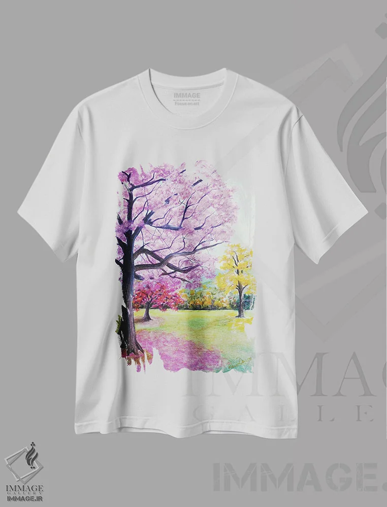 تیشرت سفید طرح دار پوئی صورتی و زرد ساوانا، هنر فاخر معاصر اثر کارین داون کلشال-بست | immage.ir