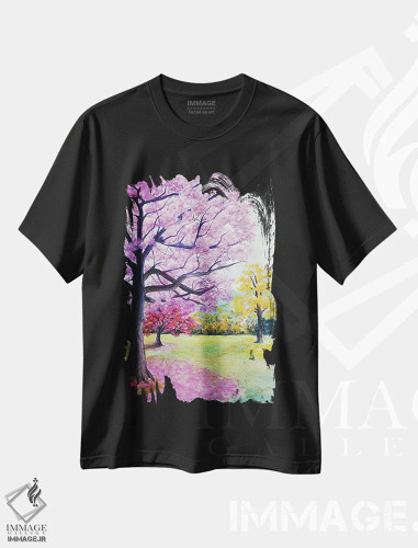 تیشرت مشکی طرح دار پوئی صورتی و زرد ساوانا، هنر فاخر معاصر اثر کارین داون کلشال-بست | فروشگاه ایماژ