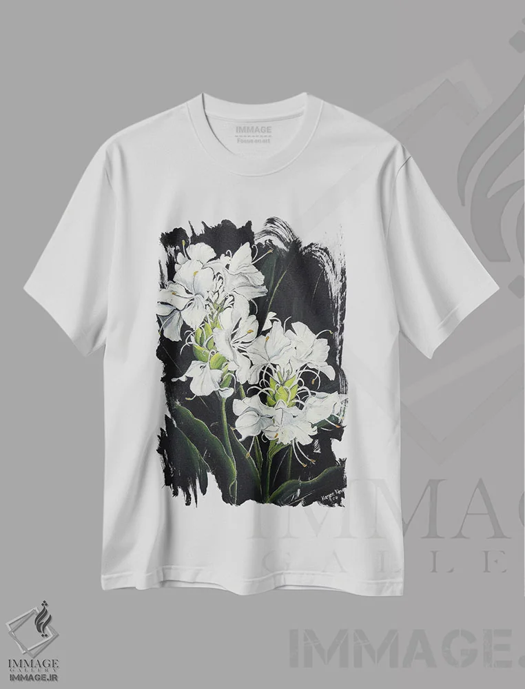 تیشرت سفید طرح دار زنجبیل پروانه ای، هنر فاخر معاصر اثر کارین داون کلشال-بست | فروشگاه ایماژ