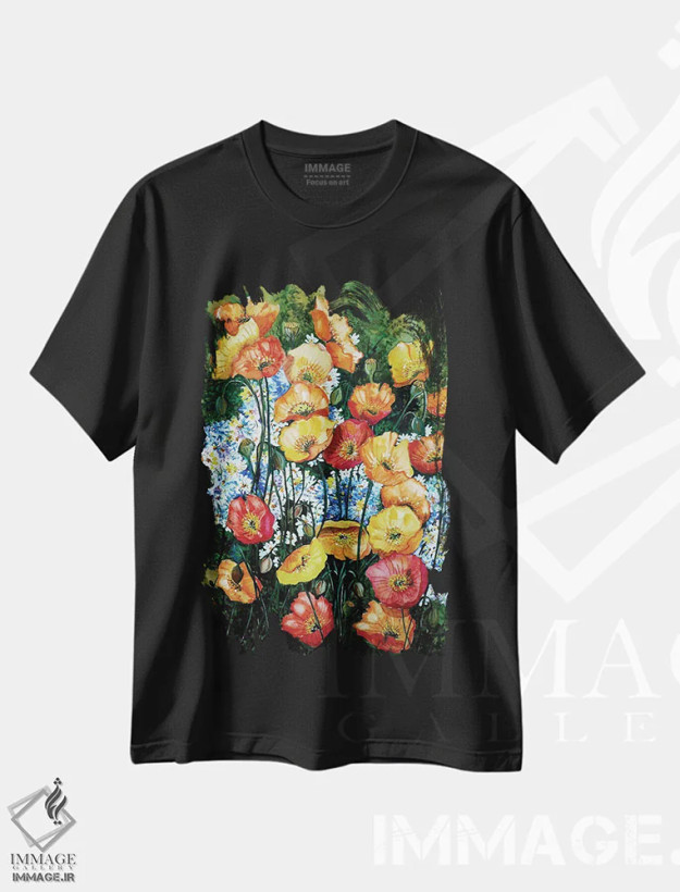 تیشرت مشکی طرح دار رویاهای کالیفرنیا، هنر فاخر معاصر اثر کارین داون کلشال-بست | فروشگاه ایماژ