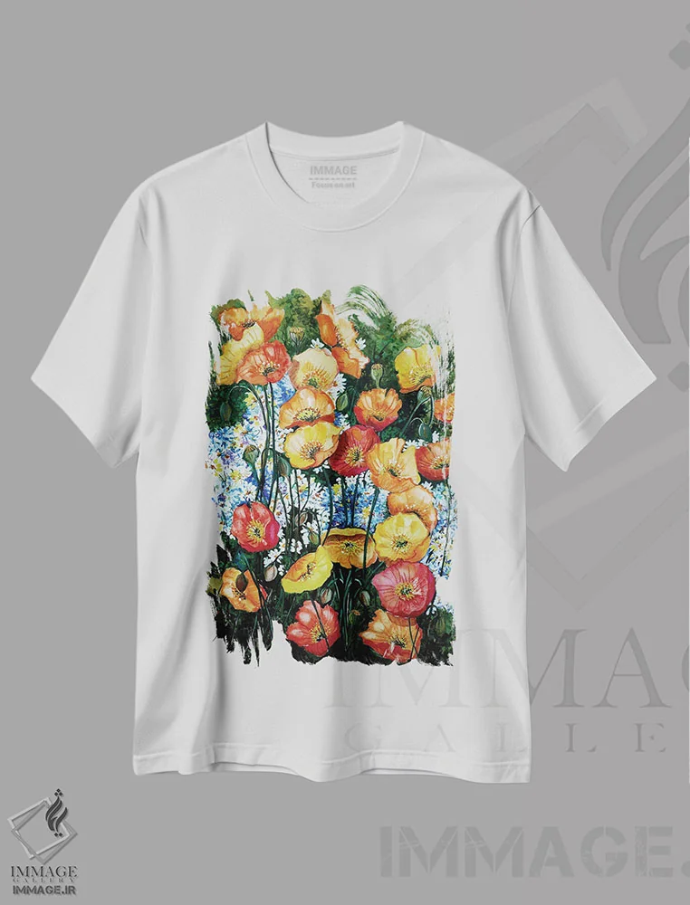 تیشرت سفید طرح دار رویاهای کالیفرنیا، هنر فاخر معاصر اثر کارین داون کلشال-بست | immage.ir