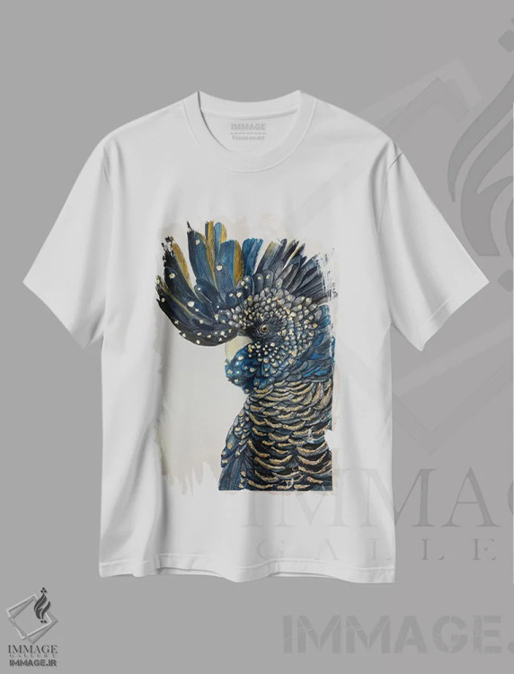 تیشرت سفید طرح دار کاکاتو سیاه آبی، مدیوم اثر لوسیا کازاردووا | فروشگاه ایماژ