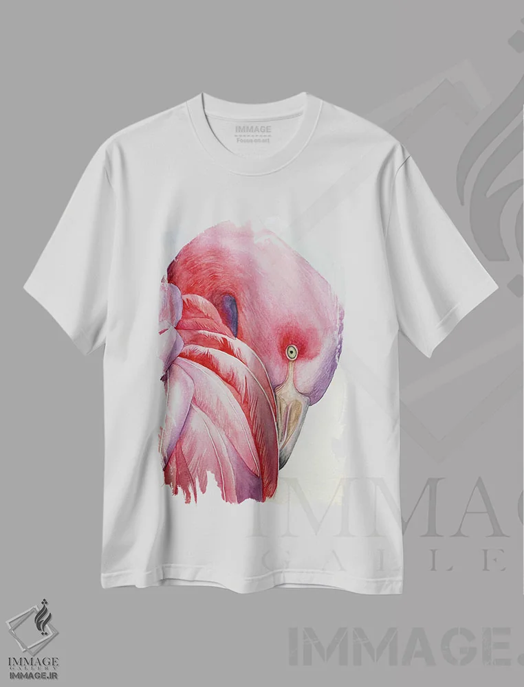 تیشرت سفید طرح دار فلامینگوی صورتی، مدیوم اثر لوسیا کازاردووا | immage.ir