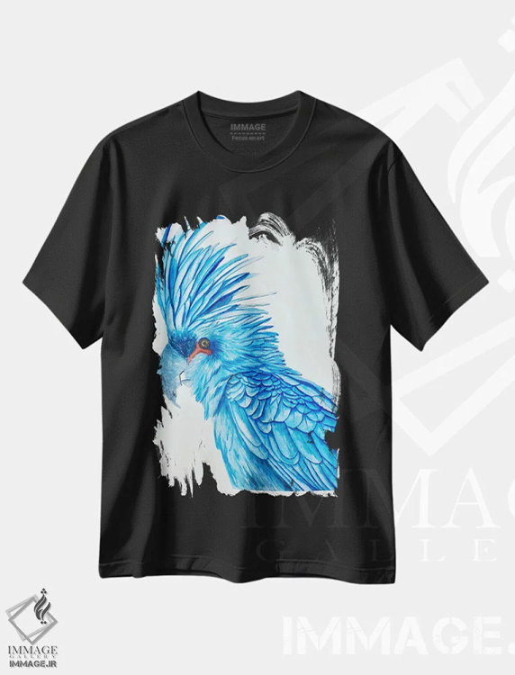 تیشرت مشکی طرح دار مکائوی آبی، مدیوم اثر لوسیا کازاردووا | فروشگاه ایماژ