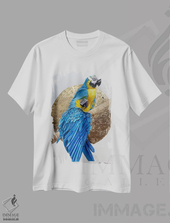 تیشرت سفید طرح دار طوطی ها در غروب، مدیوم اثر لوسیا کازاردووا | فروشگاه ایماژ