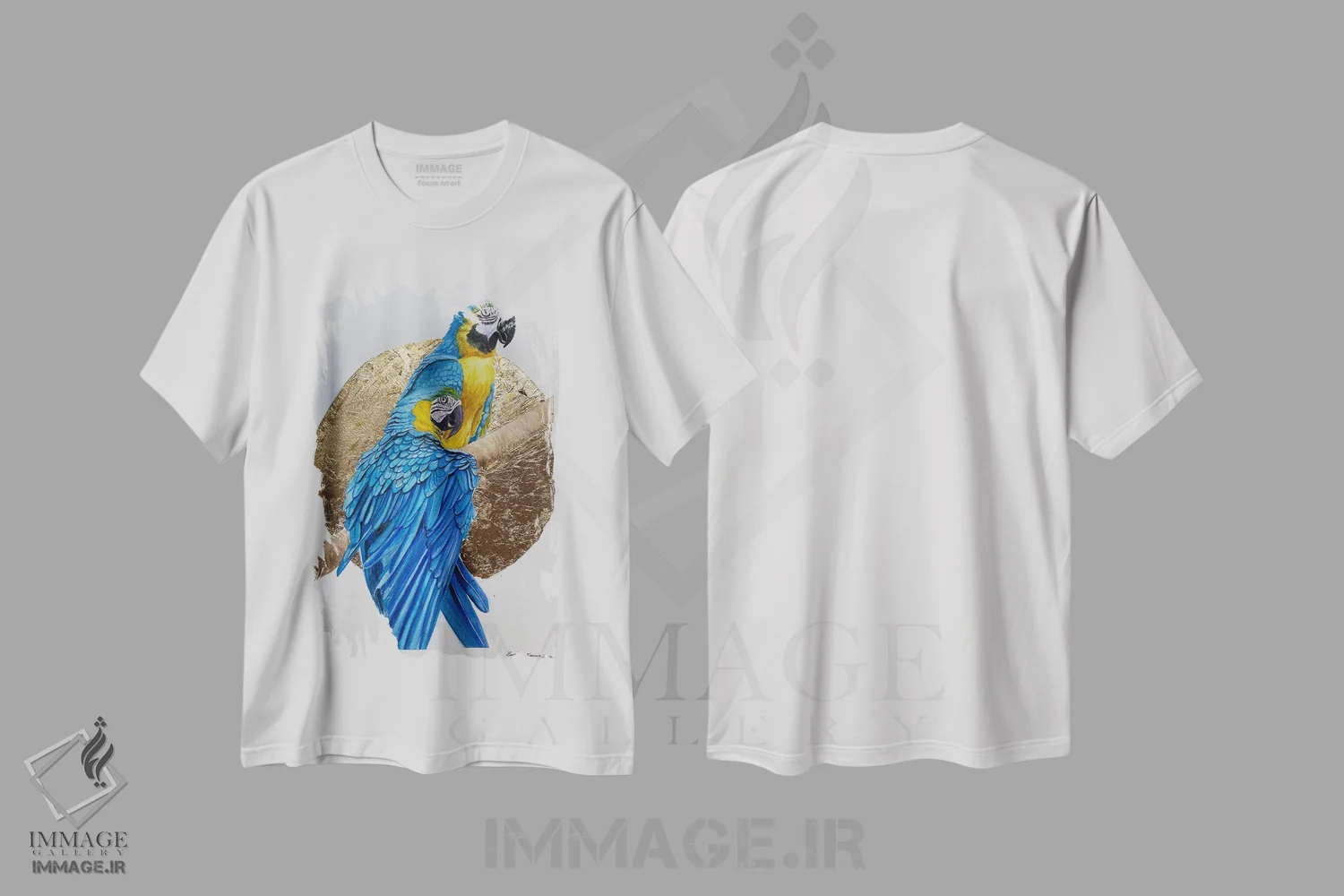 تیشرت سفید طرح دار طوطی ها در غروب، مدیوم اثر لوسیا کازاردووا | فروشگاه ایماژ