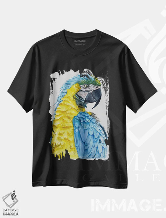 تیشرت مشکی طرح دار طوطی آبی و زرد، مدیوم اثر لوسیا کازاردووا | فروشگاه ایماژ