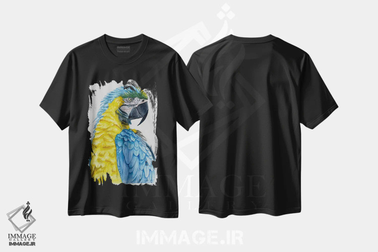 تیشرت مشکی طرح دار طوطی آبی و زرد، مدیوم اثر لوسیا کازاردووا | فروشگاه ایماژ