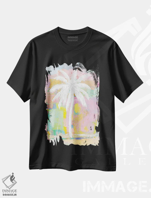 تیشرت مشکی طرح دار نخل انتزاعی پاستلی، تزئینی اثر کریستن درو | فروشگاه ایماژ