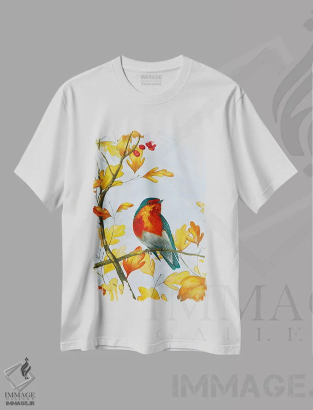 تیشرت سفید طرح دار سینه سرخ پاییزی، دکور معاصر اثر کارینا دانیلچوک | فروشگاه ایماژ