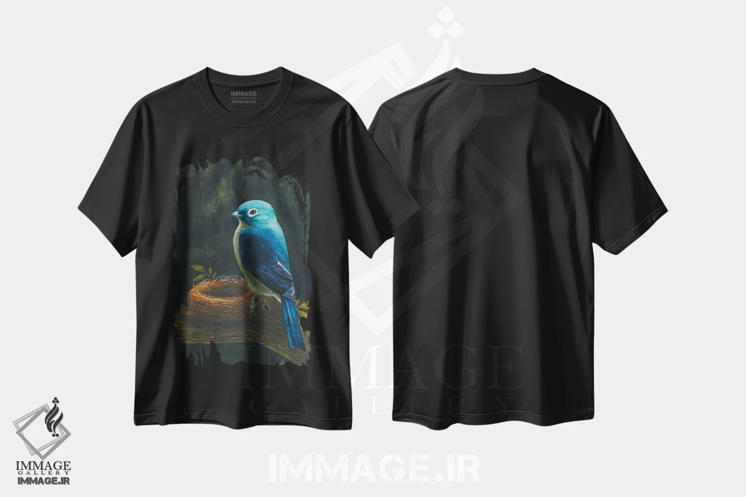 تیشرت مشکی طرح دار پرنده با لانه، دکور معاصر اثر کارینا دانیلچوک | فروشگاه ایماژ