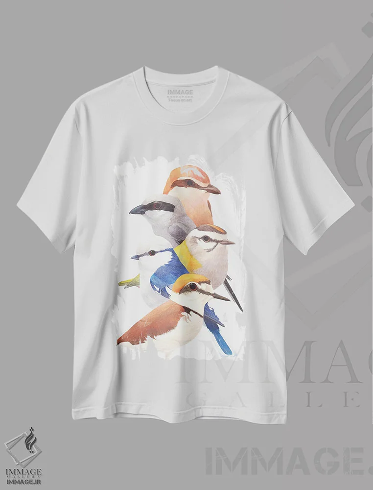 تیشرت سفید طرح دار پنج پرنده، دکور معاصر اثر کارینا دانیلچوک | فروشگاه ایماژ