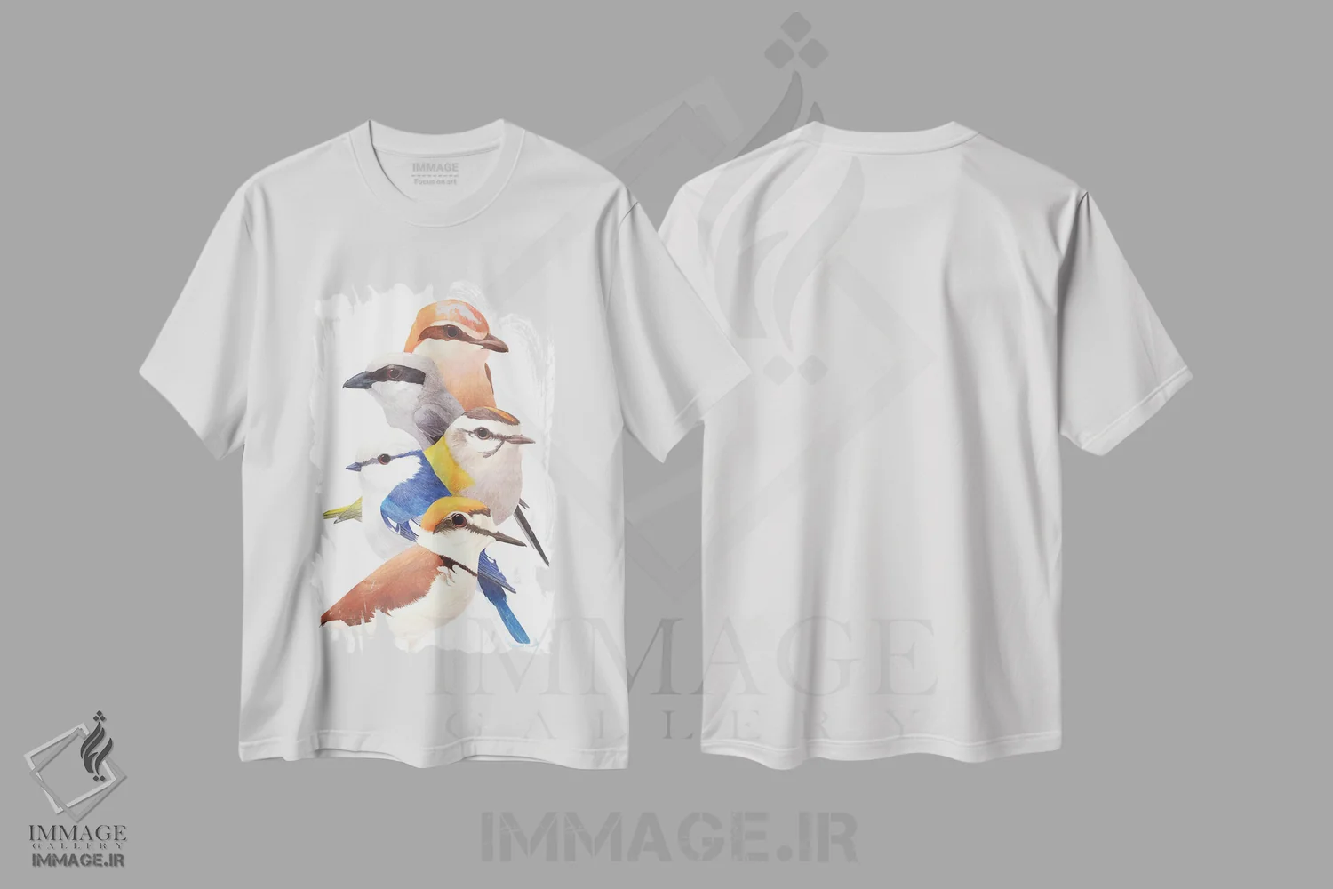 تیشرت سفید طرح دار پنج پرنده، دکور معاصر اثر کارینا دانیلچوک | فروشگاه ایماژ