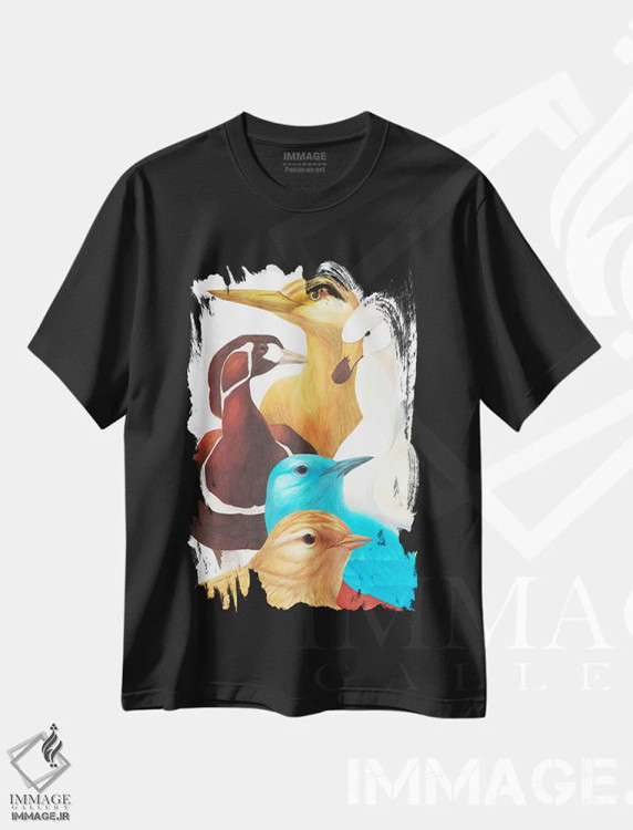 تیشرت مشکی طرح دار پنج پرنده دیگر، دکور معاصر اثر کارینا دانیلچوک | فروشگاه ایماژ