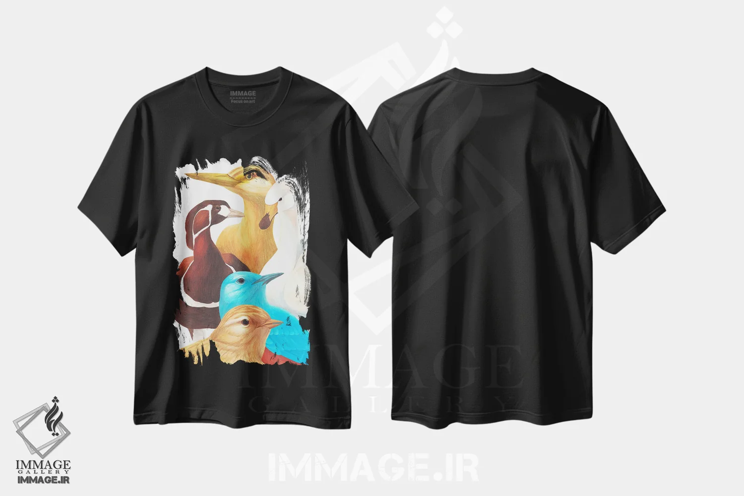 تیشرت مشکی طرح دار پنج پرنده دیگر، دکور معاصر اثر کارینا دانیلچوک | فروشگاه ایماژ