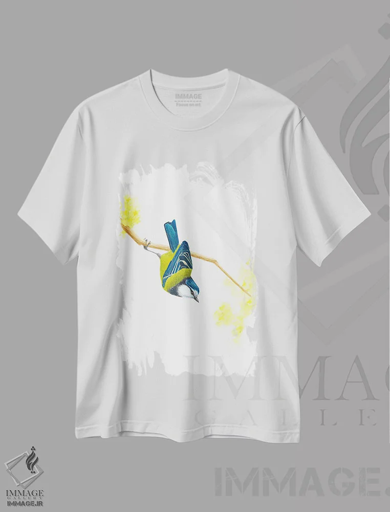 تیشرت سفید طرح دار فنچ آبی، دکور معاصر اثر کارینا دانیلچوک | فروشگاه ایماژ