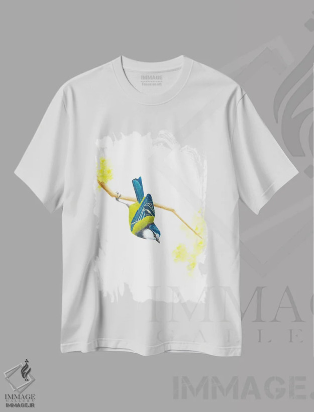 تیشرت سفید طرح دار فنچ آبی، دکور معاصر اثر کارینا دانیلچوک | فروشگاه ایماژ