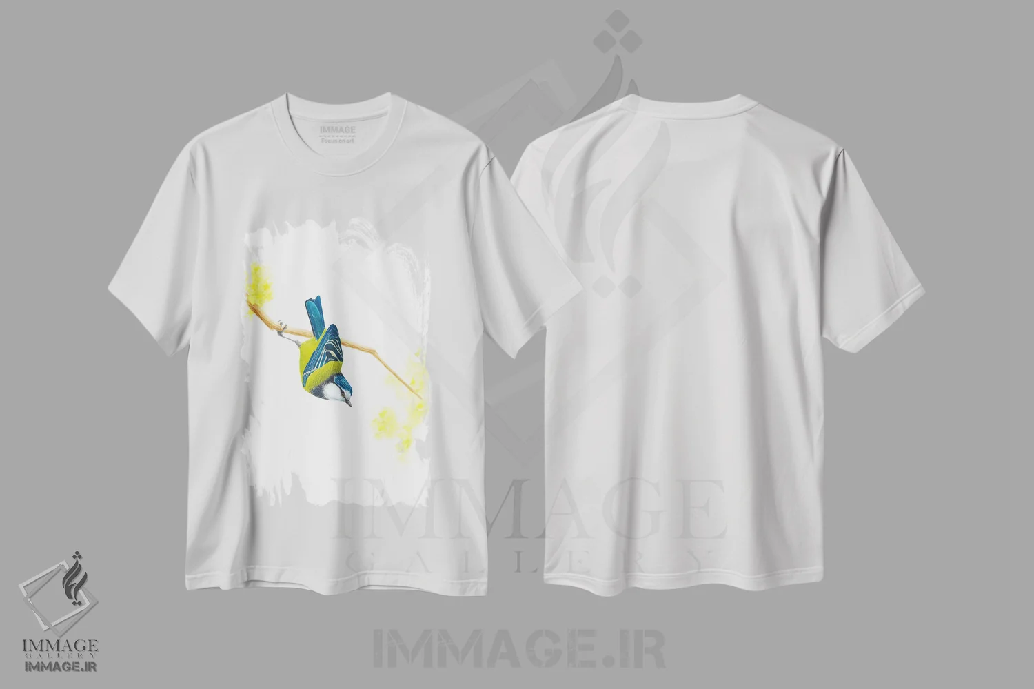 تیشرت سفید طرح دار فنچ آبی، دکور معاصر اثر کارینا دانیلچوک | فروشگاه ایماژ