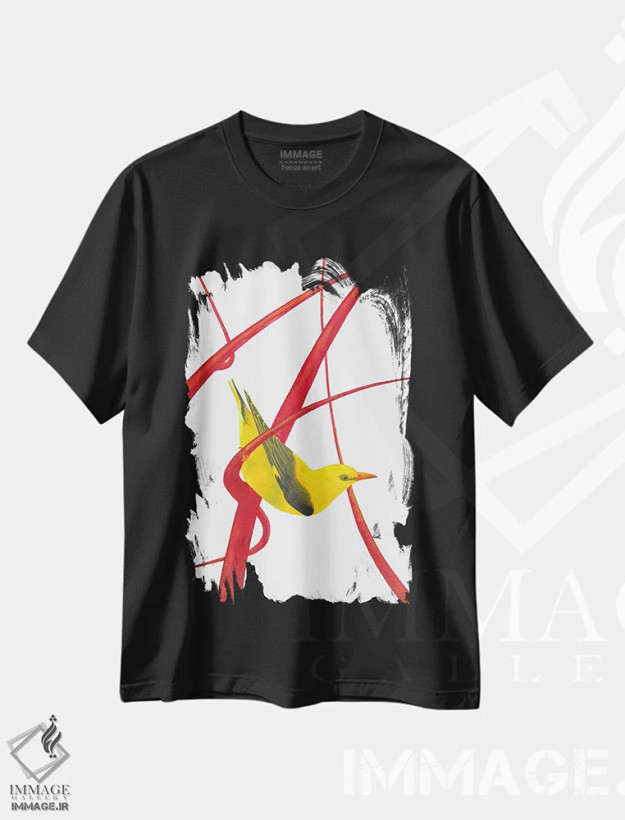 تیشرت مشکی طرح دار بلبل طلایی I، دکور معاصر اثر کارینا دانیلچوک | فروشگاه ایماژ
