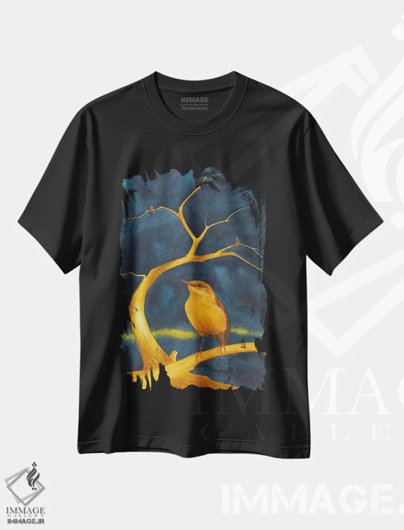تیشرت مشکی طرح دار درخت طلایی با پرنده طلایی، دکور معاصر اثر کارینا دانیلچوک | فروشگاه ایماژ