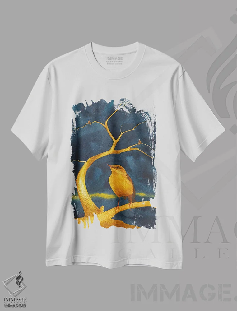 تیشرت سفید طرح دار درخت طلایی با پرنده طلایی، دکور معاصر اثر کارینا دانیلچوک | immage.ir