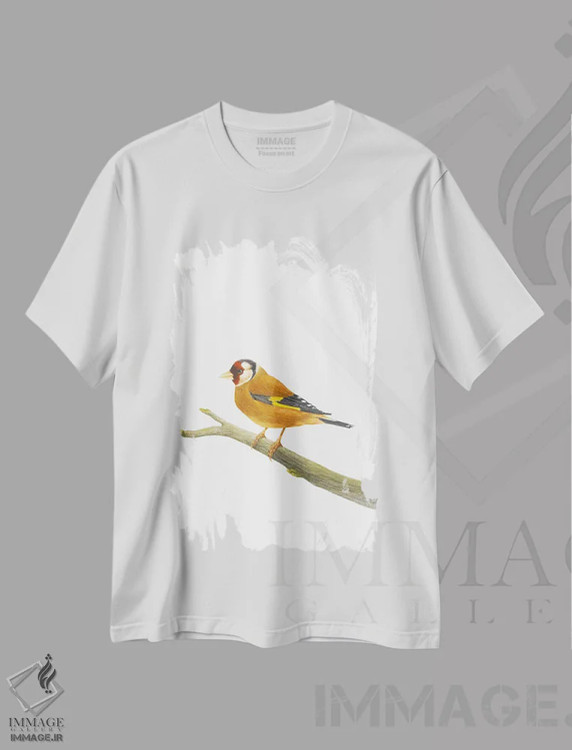 تیشرت سفید طرح دار فنچ طلایی روی شاخه، دکور معاصر اثر کارینا دانیلچوک | فروشگاه ایماژ