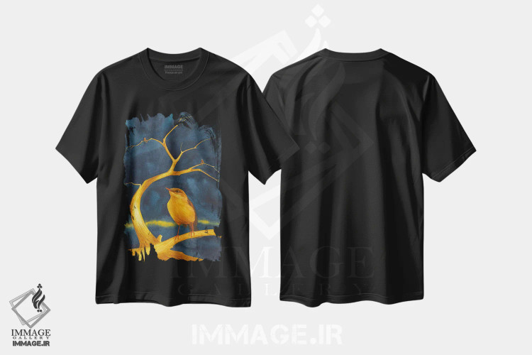 تیشرت مشکی طرح دار درخت طلایی با پرنده طلایی، دکور معاصر اثر کارینا دانیلچوک | فروشگاه ایماژ