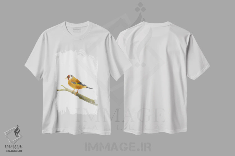 تیشرت سفید طرح دار فنچ طلایی روی شاخه، دکور معاصر اثر کارینا دانیلچوک | فروشگاه ایماژ