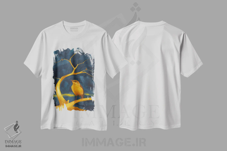 تیشرت سفید طرح دار درخت طلایی با پرنده طلایی، دکور معاصر اثر کارینا دانیلچوک | immage.ir