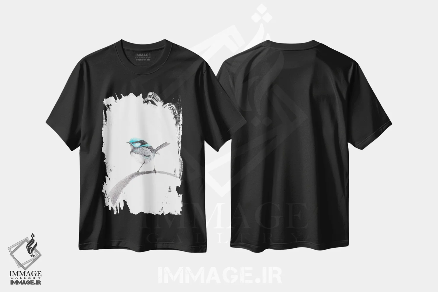 تیشرت مشکی طرح دار پرنده الهام گرفته، دکور معاصر اثر کارینا دانیلچوک | فروشگاه ایماژ