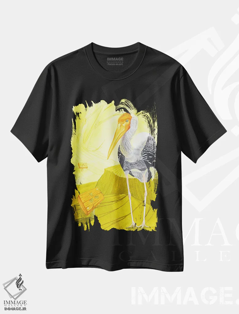 تیشرت مشکی طرح دار حواصیل هسته ای، دکور معاصر اثر کارینا دانیلچوک | فروشگاه ایماژ