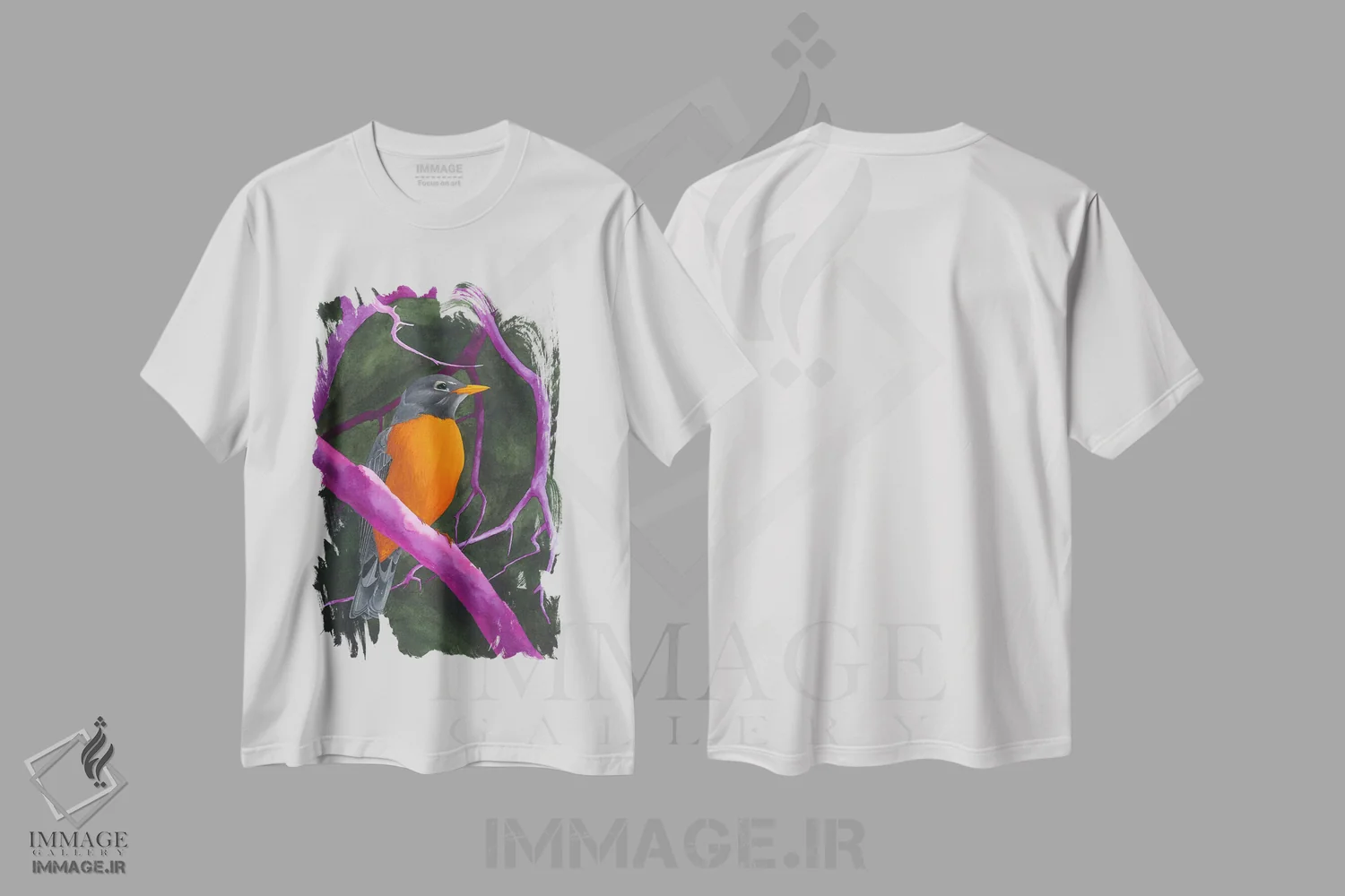 تیشرت سفید طرح دار پرنده نارنجی و بنفش، دکور معاصر اثر کارینا دانیلچوک | فروشگاه ایماژ